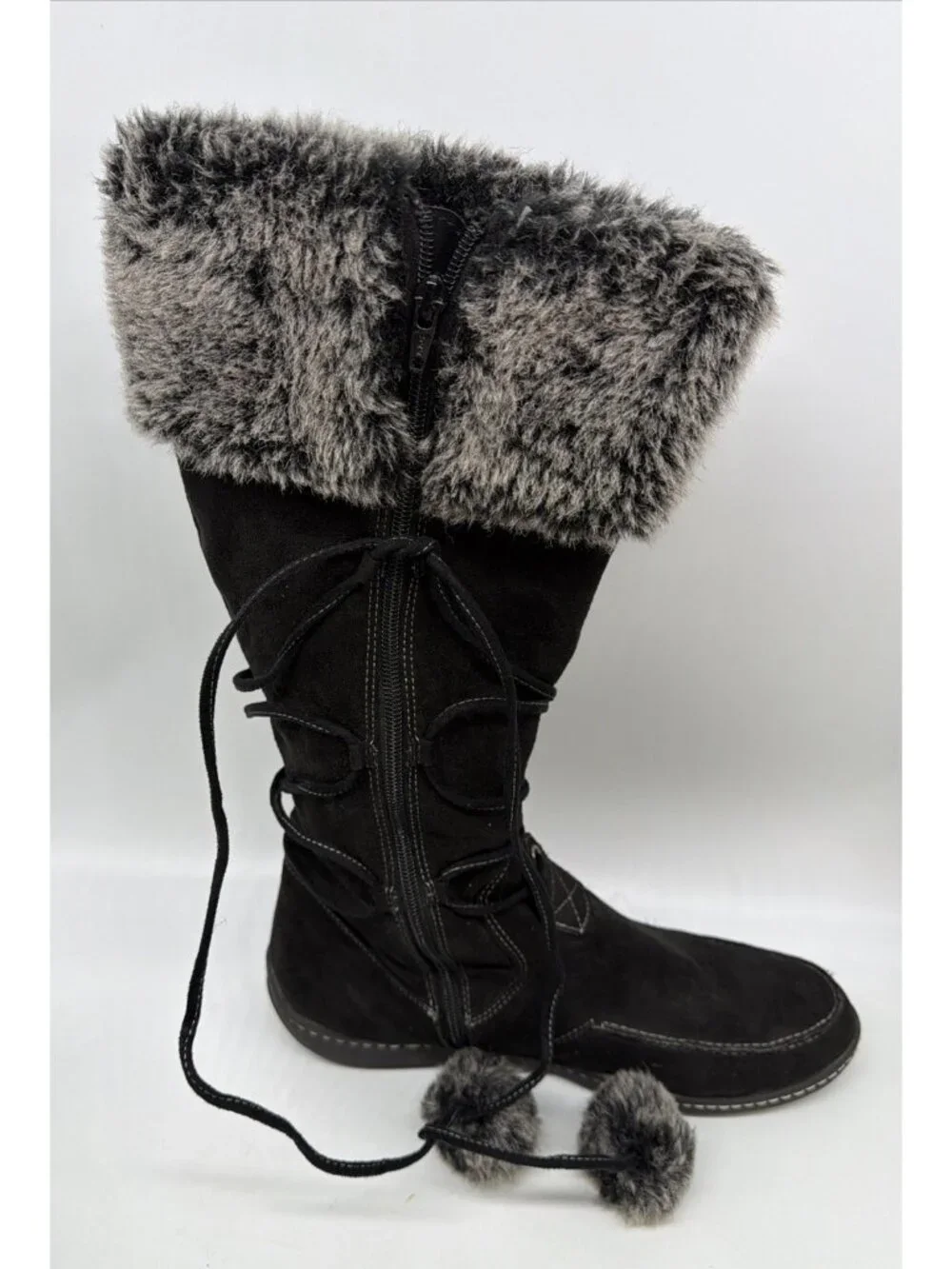 American Eagle Black Mallory Boots Gray Faux Fur Trim Pom-Pom Accents Womens 12